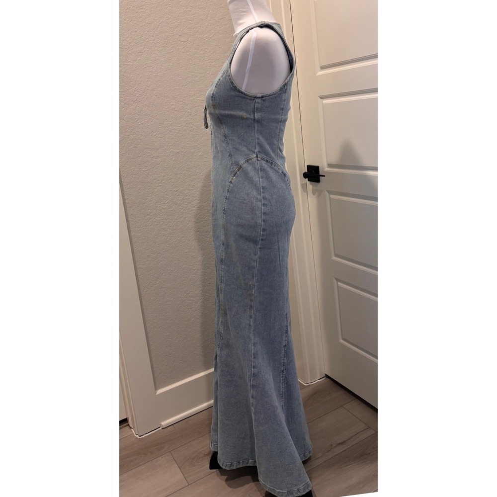AFRM Kadence Maxi Dress Women XS Light Wash Blue Gold Metallic Finish Mermaid - Picture 5 of 8
